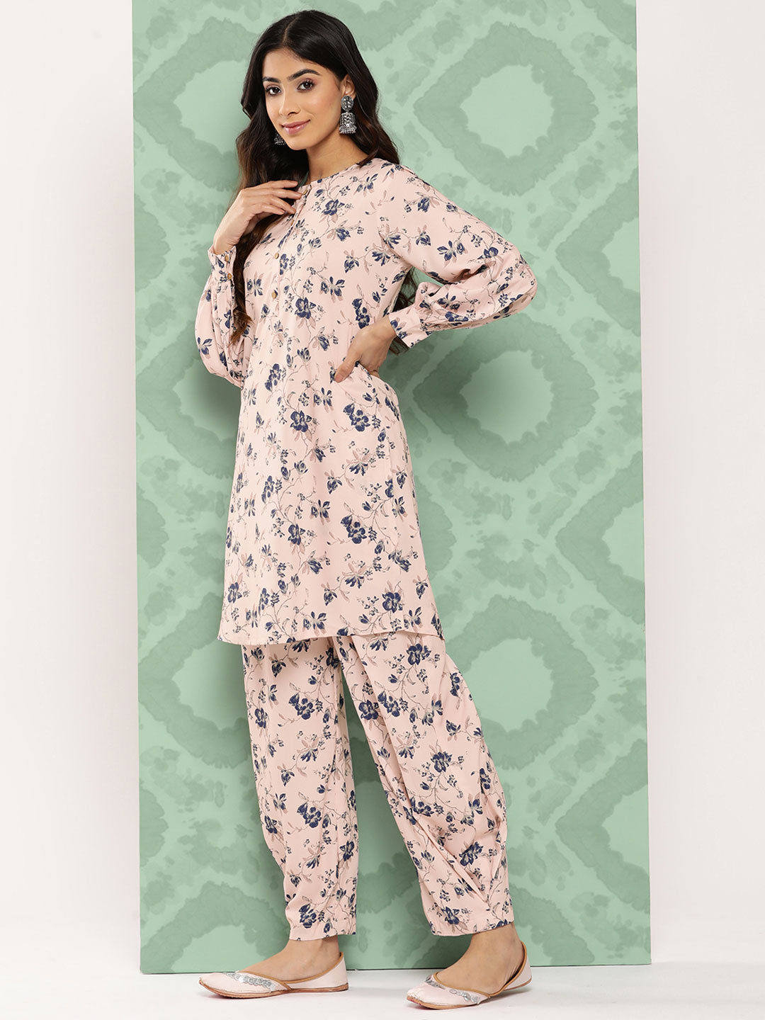 Janasya Women's Light Peach Crepe Digital Printed Straight Casual Kurta Set | Grocsy