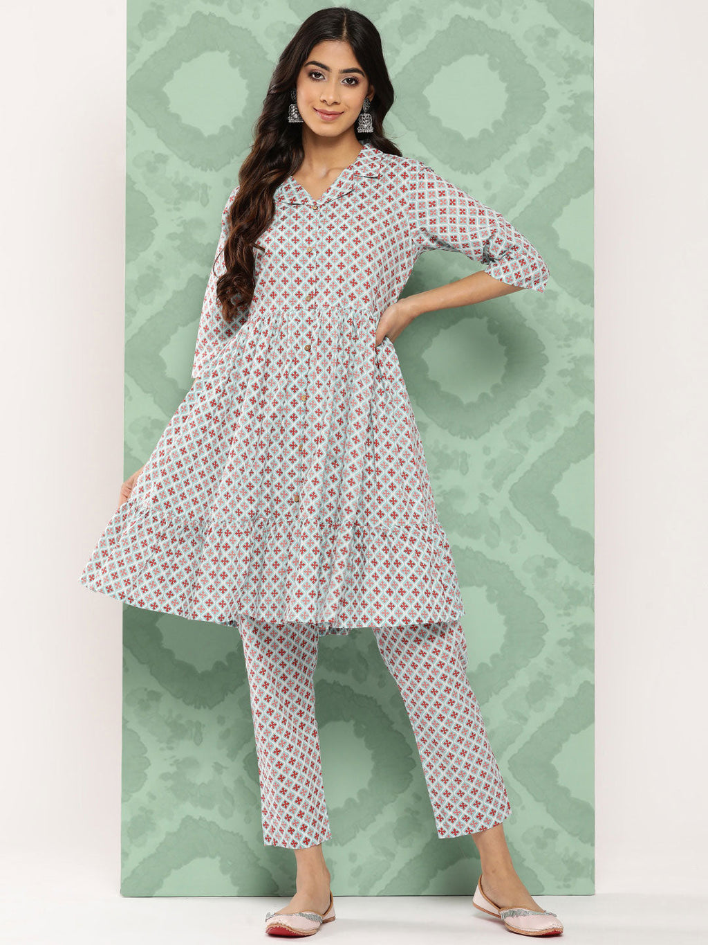 Janasya Women's Sky Blue Cotton Ethnic Motifs Gathered Casual Kurta Set | Grocsy