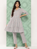 Janasya Women's Sky Blue Cotton Ethnic Motifs Gathered Casual Kurta Set | Grocsy