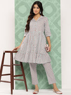Janasya Women's Sky Blue Cotton Ethnic Motifs Gathered Casual Kurta Set | Grocsy