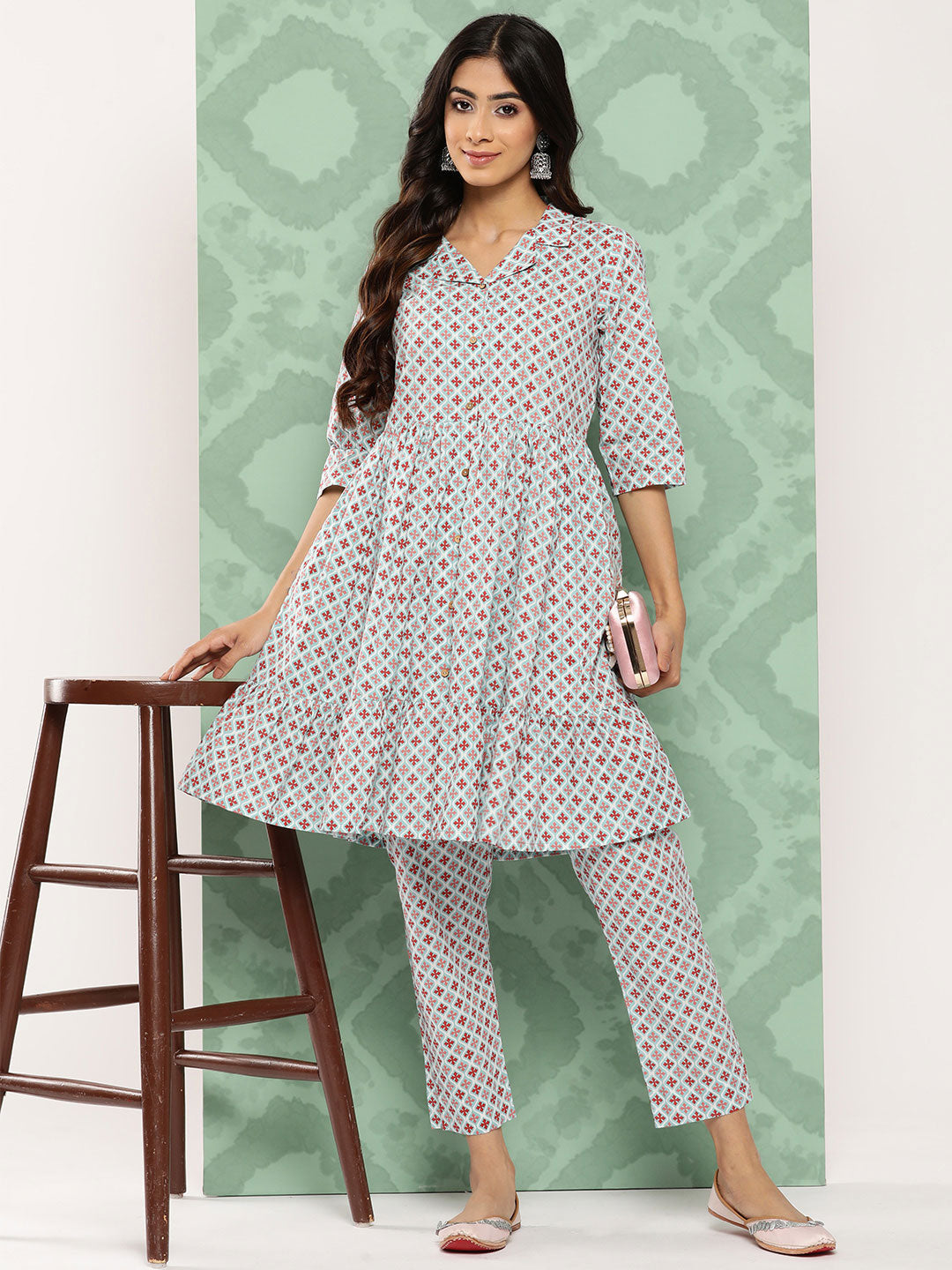 Janasya Women's Sky Blue Cotton Ethnic Motifs Gathered Casual Kurta Set | Grocsy