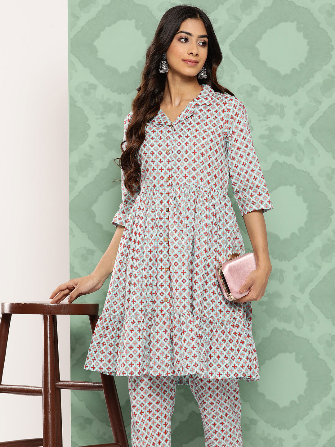 Janasya Women's Sky Blue Cotton Ethnic Motifs Gathered Casual Kurta Set | Grocsy