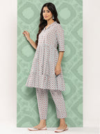 Janasya Women's Sky Blue Cotton Ethnic Motifs Gathered Casual Kurta Set | Grocsy