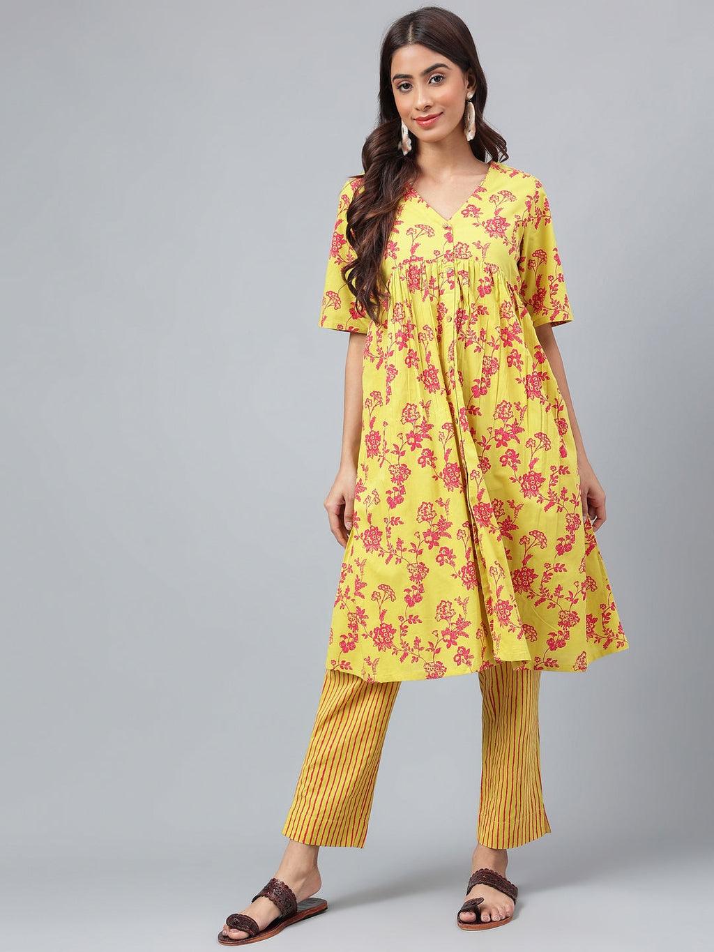 Janasya Women's Yellow Cotton Floral Printed Gathered Casual Kurta Set | Grocsy