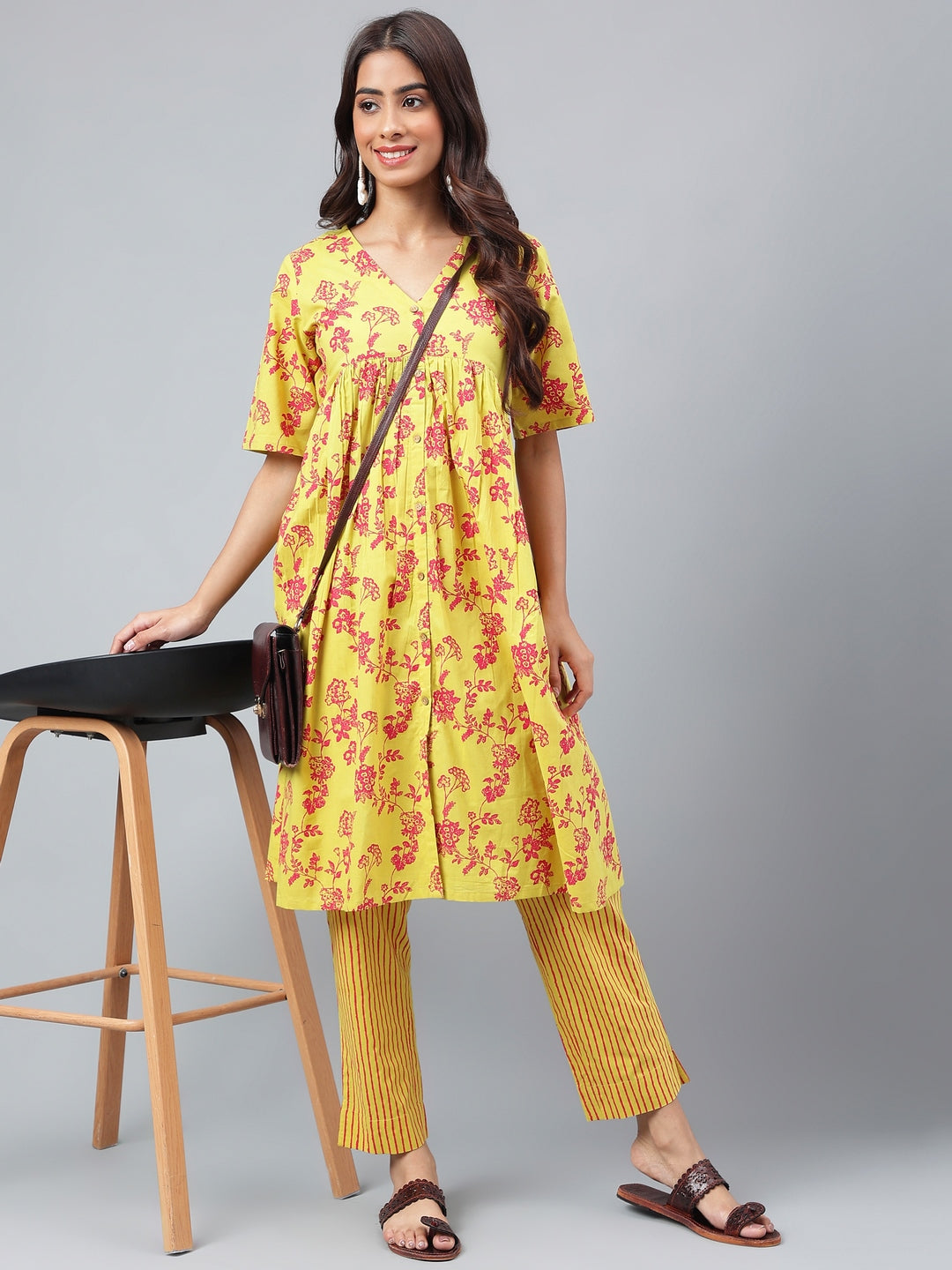 Janasya Women's Yellow Cotton Floral Printed Gathered Casual Kurta Set | Grocsy