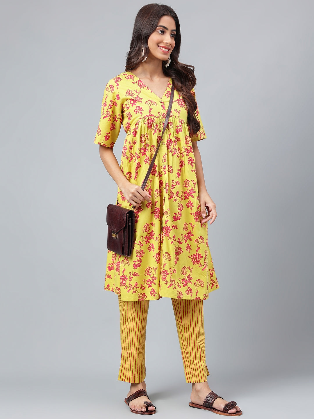Janasya Women's Yellow Cotton Floral Printed Gathered Casual Kurta Set | Grocsy