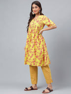 Janasya Women's Yellow Cotton Floral Printed Gathered Casual Kurta Set | Grocsy