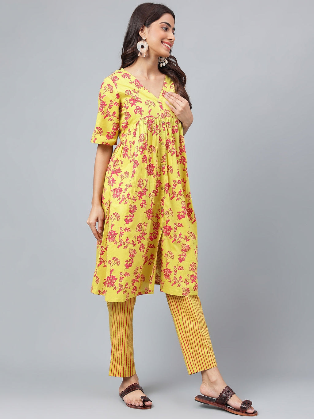 Janasya Women's Yellow Cotton Floral Printed Gathered Casual Kurta Set | Grocsy
