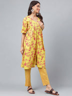 Janasya Women's Yellow Cotton Floral Printed Gathered Casual Kurta Set | Grocsy