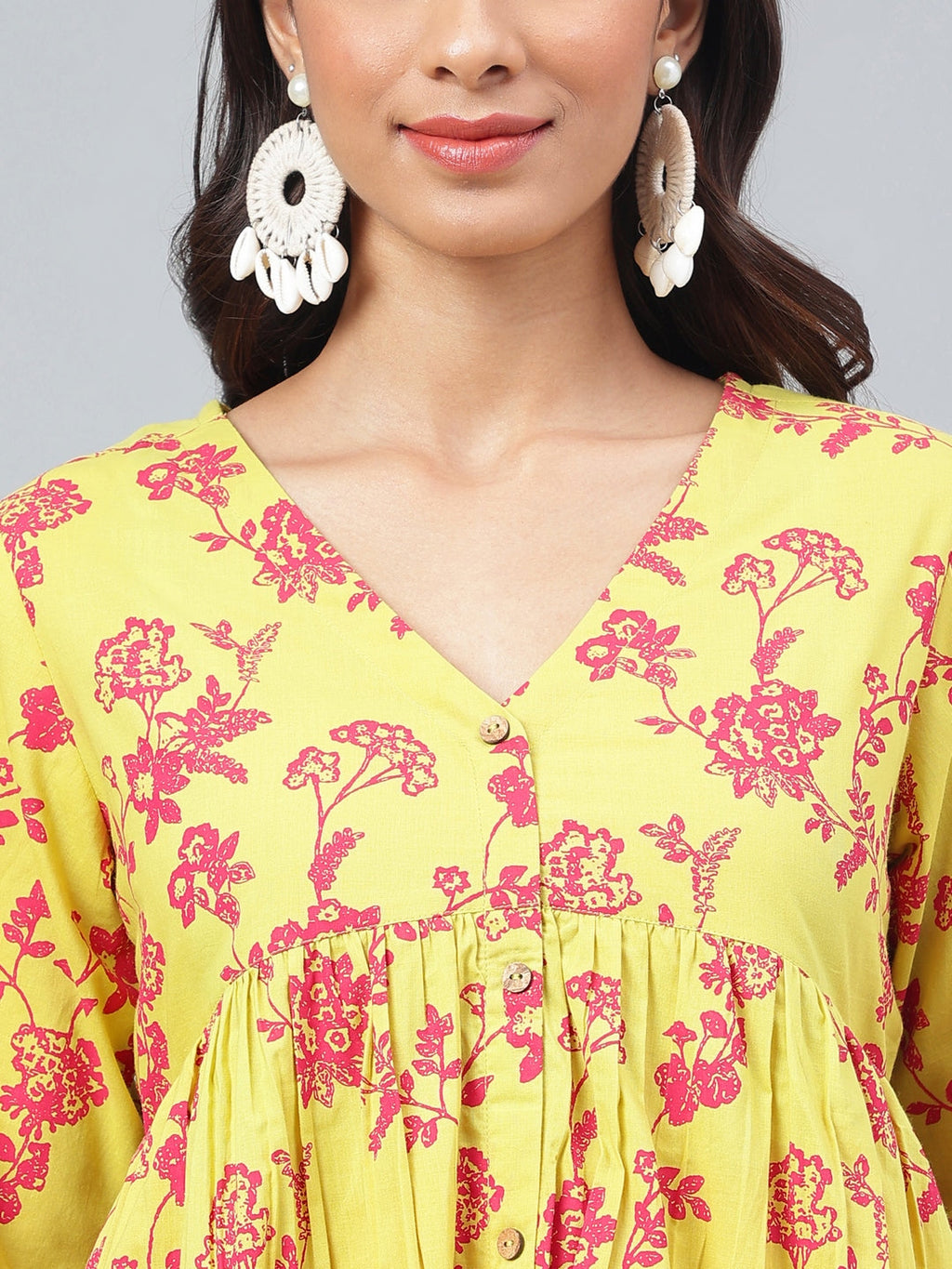 Janasya Women's Yellow Cotton Floral Printed Gathered Casual Kurta Set | Grocsy
