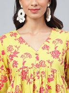 Janasya Women's Yellow Cotton Floral Printed Gathered Casual Kurta Set | Grocsy
