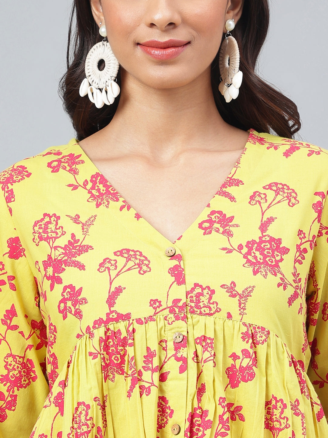 Janasya Women's Yellow Cotton Floral Printed Gathered Casual Kurta Set | Grocsy