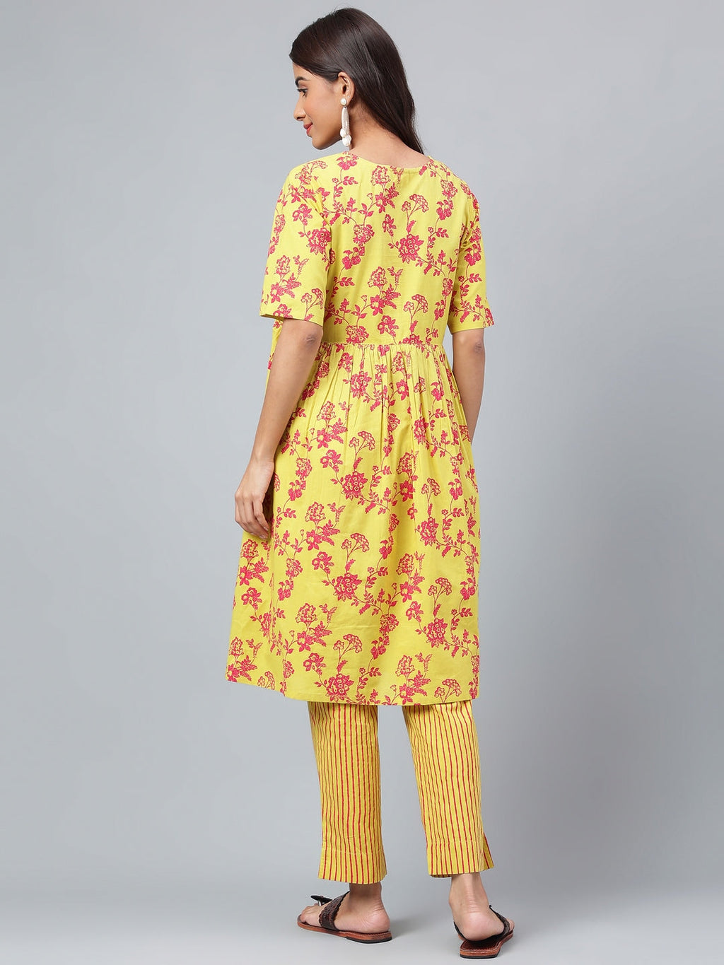 Janasya Women's Yellow Cotton Floral Printed Gathered Casual Kurta Set | Grocsy