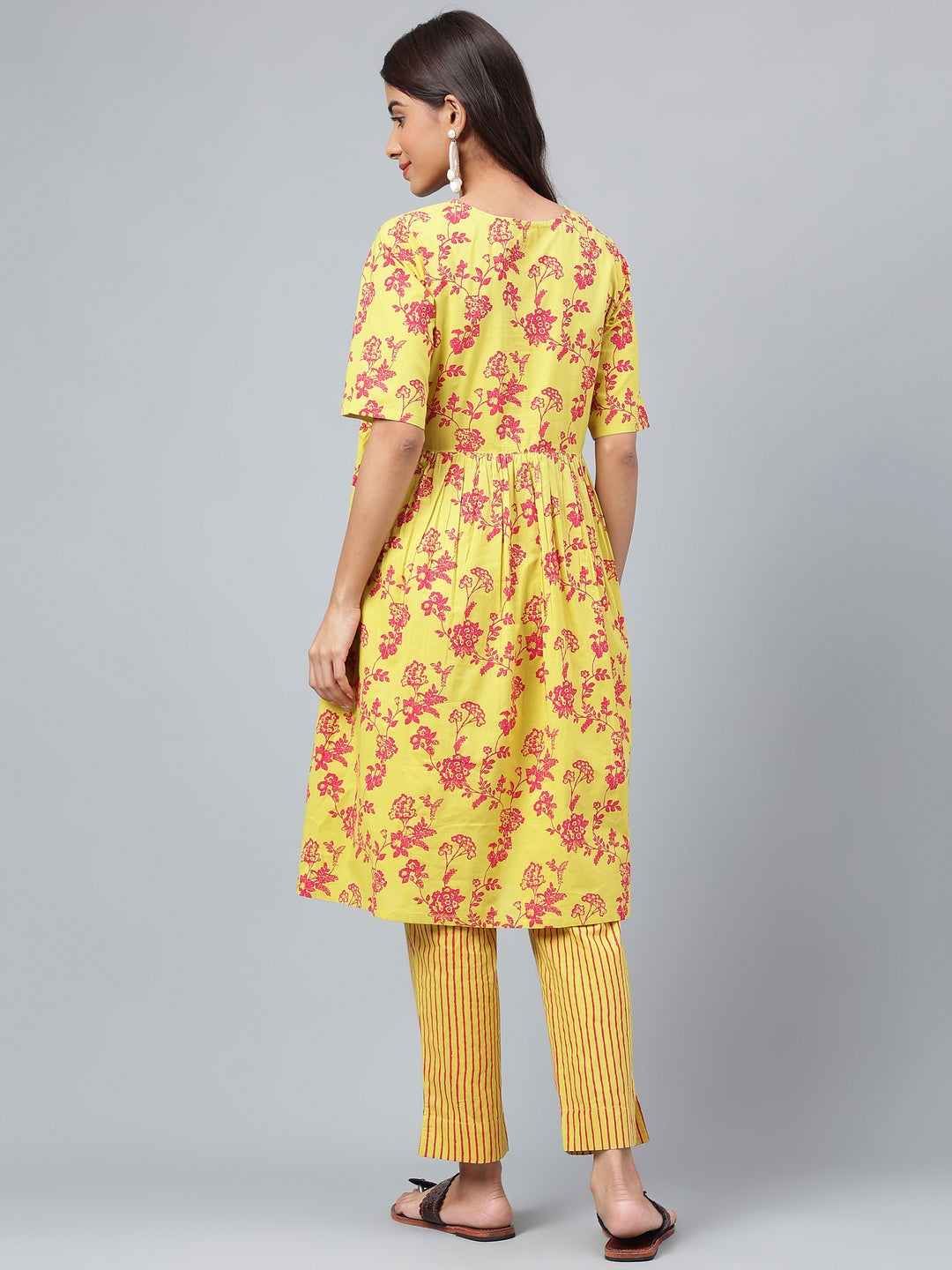 Janasya Women's Yellow Cotton Floral Printed Gathered Casual Kurta Set | Grocsy