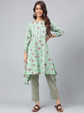 Janasya Women's Green Cotton Floral Printed Handkerchief Casual Kurta Set | Grocsy