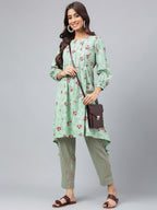 Janasya Women's Green Cotton Floral Printed Handkerchief Casual Kurta Set | Grocsy