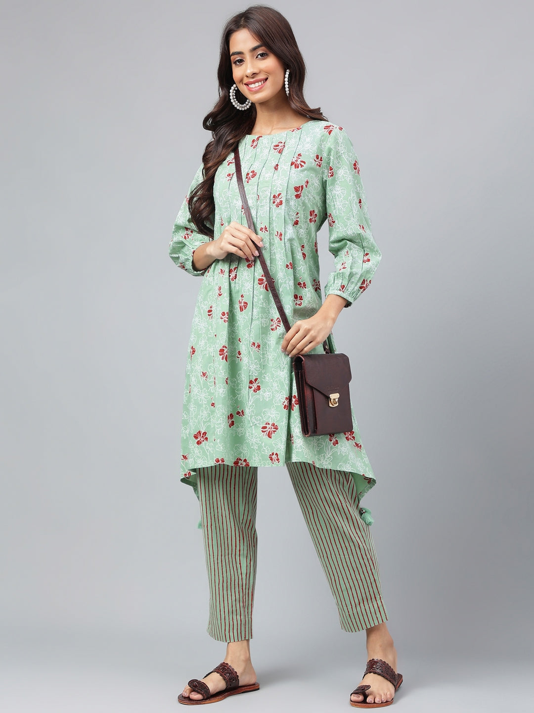 Janasya Women's Green Cotton Floral Printed Handkerchief Casual Kurta Set | Grocsy