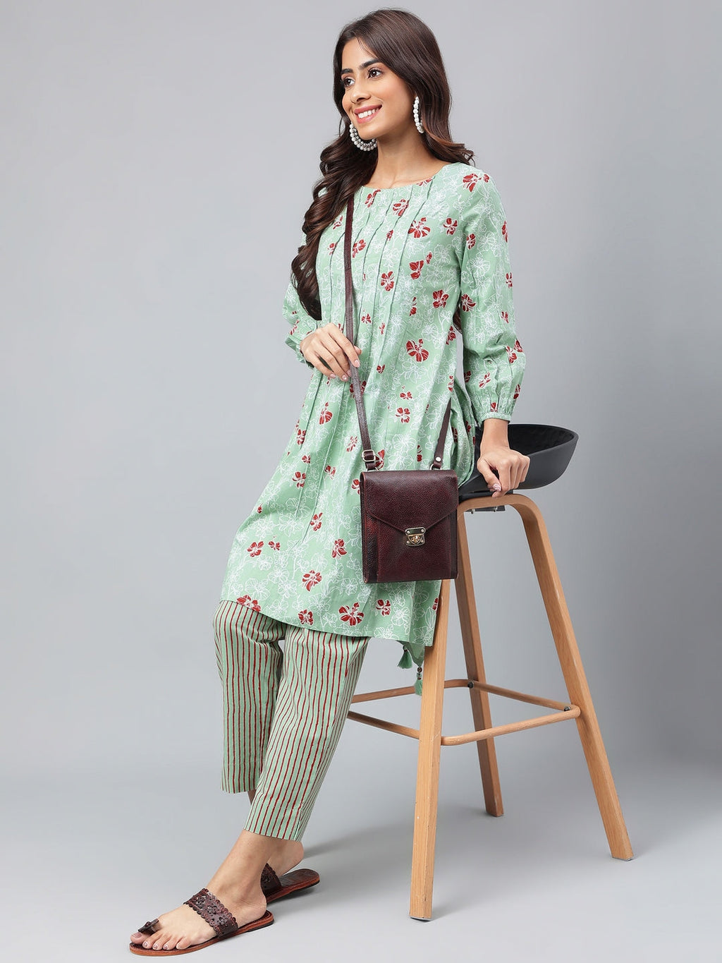 Janasya Women's Green Cotton Floral Printed Handkerchief Casual Kurta Set | Grocsy