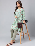 Janasya Women's Green Cotton Floral Printed Handkerchief Casual Kurta Set | Grocsy