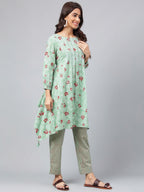 Janasya Women's Green Cotton Floral Printed Handkerchief Casual Kurta Set | Grocsy