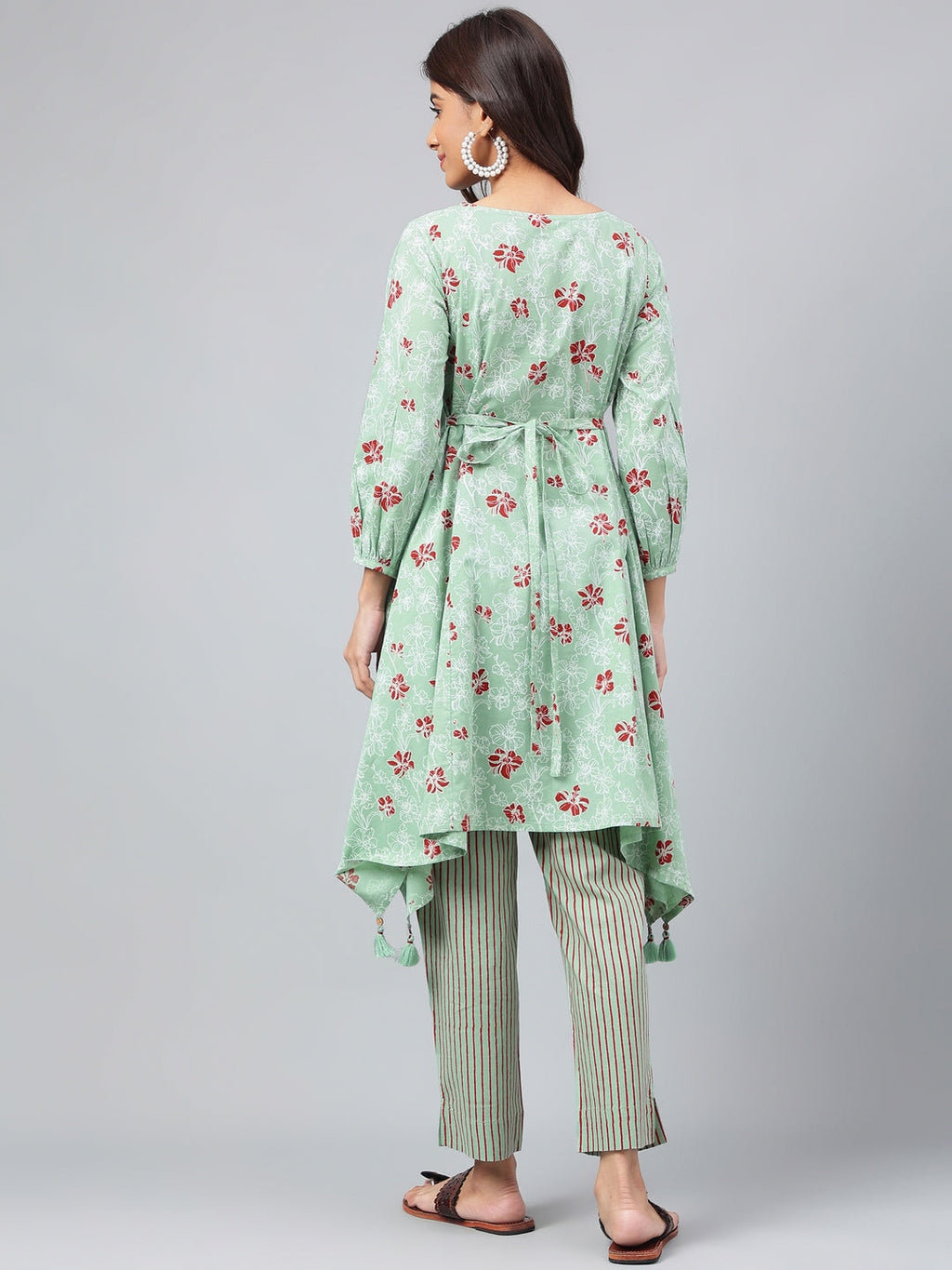 Janasya Women's Green Cotton Floral Printed Handkerchief Casual Kurta Set | Grocsy