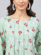 Janasya Women's Green Cotton Floral Printed Handkerchief Casual Kurta Set | Grocsy