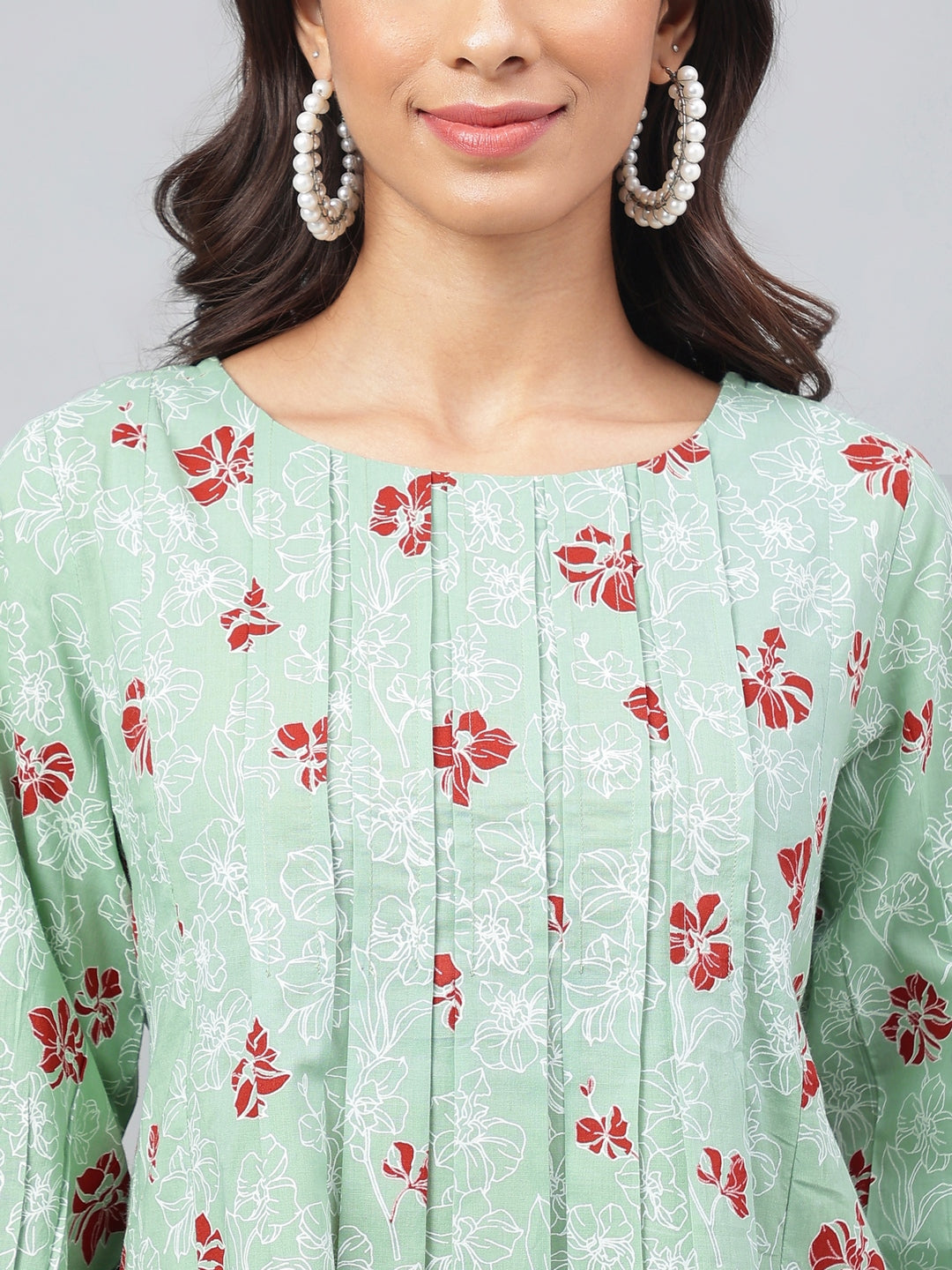 Janasya Women's Green Cotton Floral Printed Handkerchief Casual Kurta Set | Grocsy