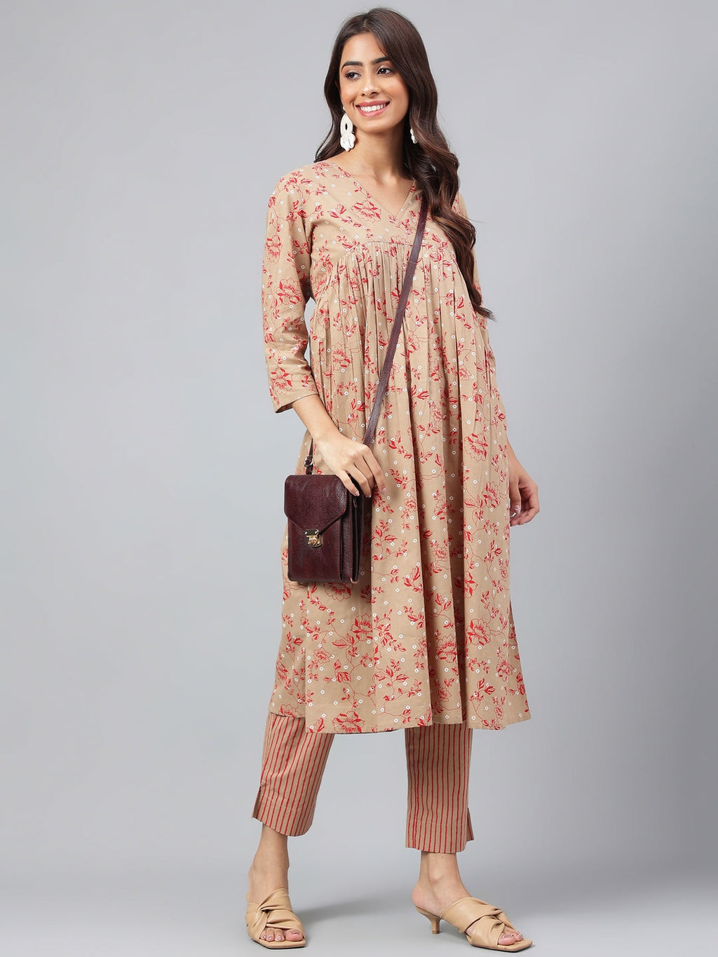 Janasya Women's Brown Cotton Floral Printed Gathered Casual Kurta Set | Grocsy