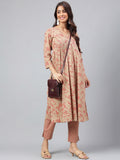 Janasya Women's Brown Cotton Floral Printed Gathered Casual Kurta Set | Grocsy