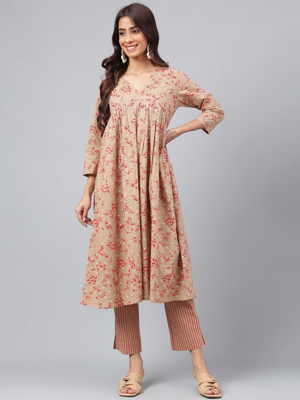 Janasya Women's Brown Cotton Floral Printed Gathered Casual Kurta Set | Grocsy