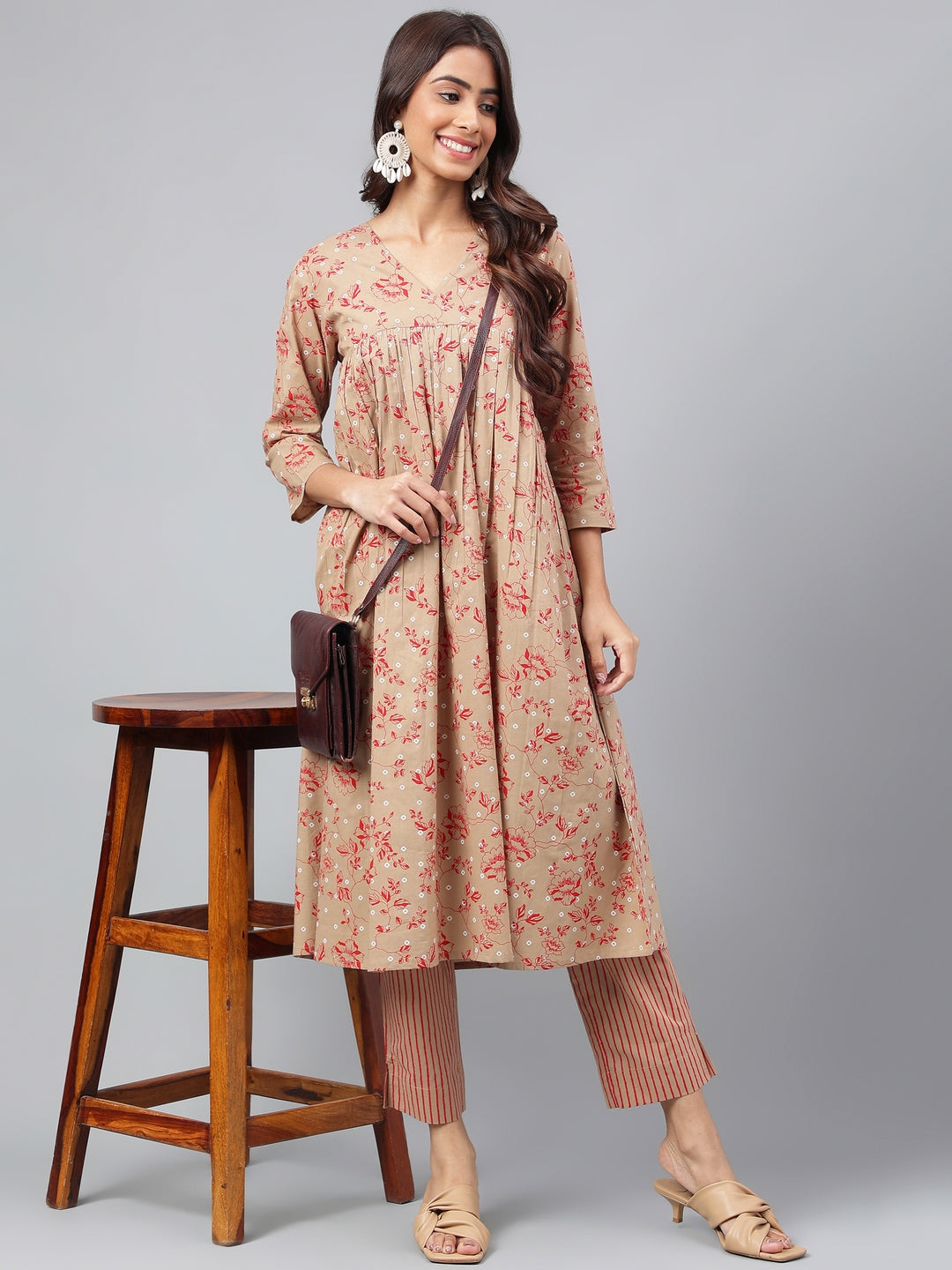 Janasya Women's Brown Cotton Floral Printed Gathered Casual Kurta Set | Grocsy
