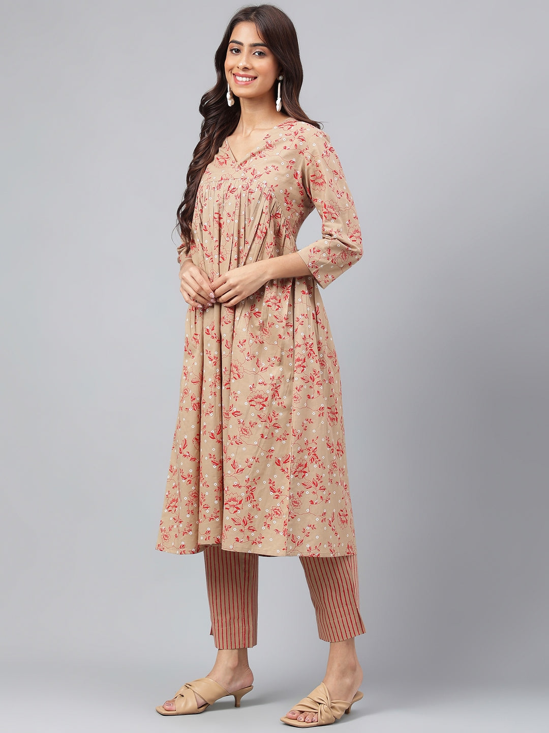 Janasya Women's Brown Cotton Floral Printed Gathered Casual Kurta Set | Grocsy