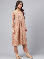 Janasya Women's Brown Cotton Floral Printed Gathered Casual Kurta Set | Grocsy