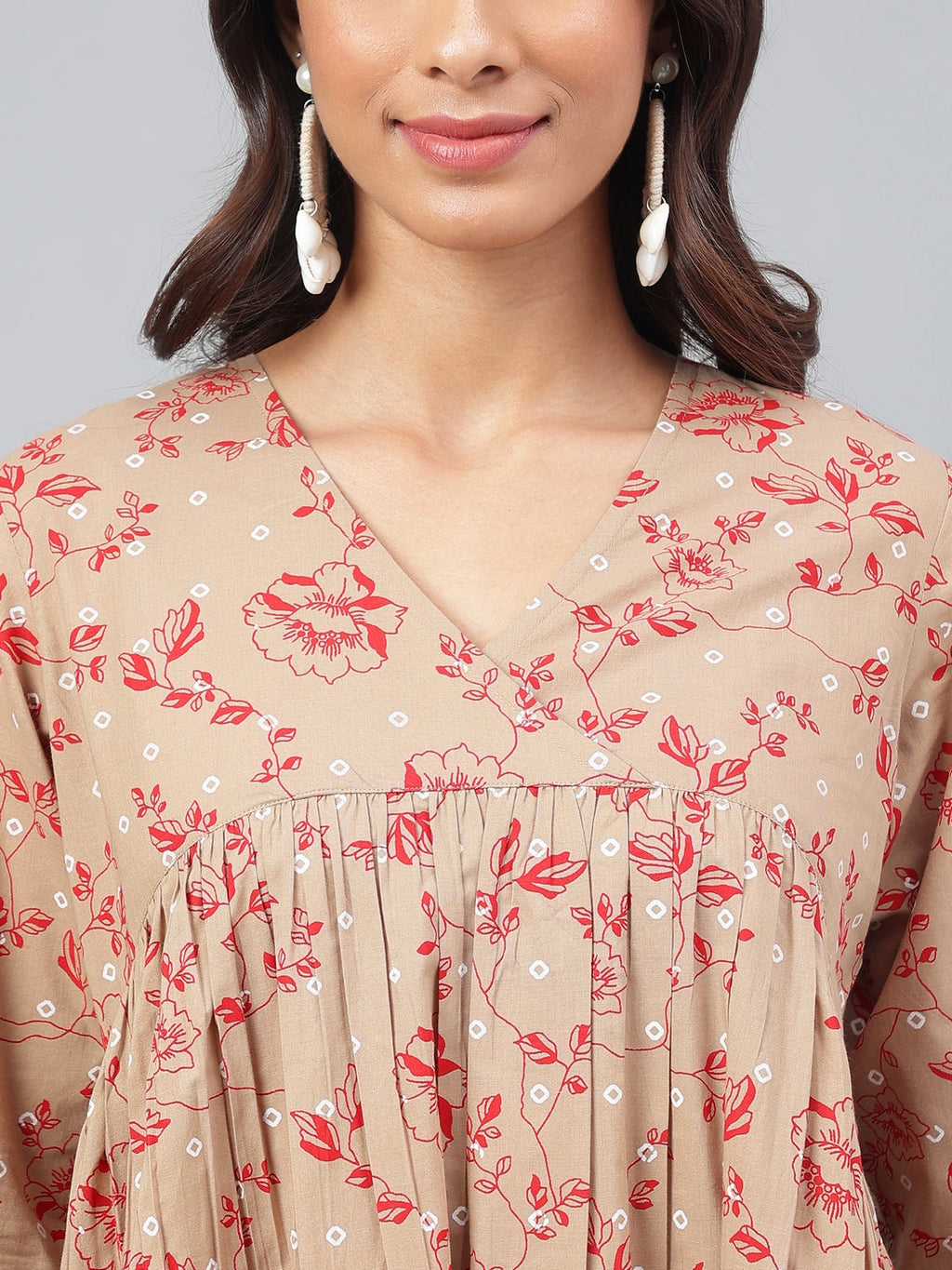 Janasya Women's Brown Cotton Floral Printed Gathered Casual Kurta Set | Grocsy