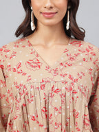 Janasya Women's Brown Cotton Floral Printed Gathered Casual Kurta Set | Grocsy