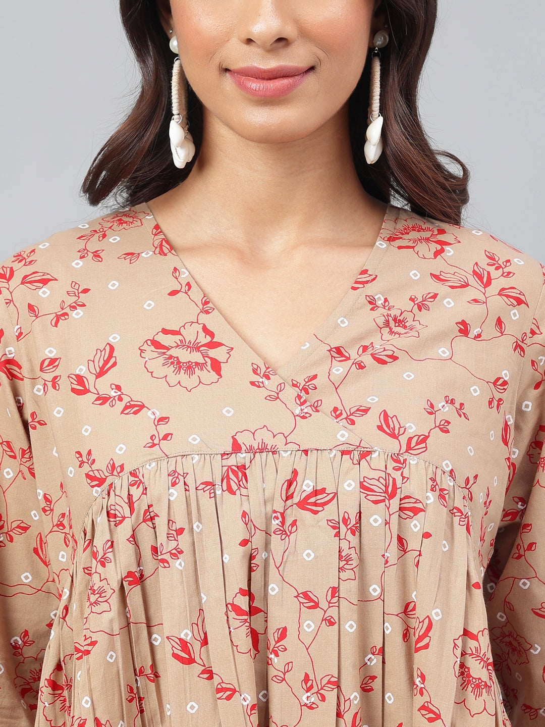 Janasya Women's Brown Cotton Floral Printed Gathered Casual Kurta Set | Grocsy