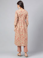Janasya Women's Brown Cotton Floral Printed Gathered Casual Kurta Set | Grocsy