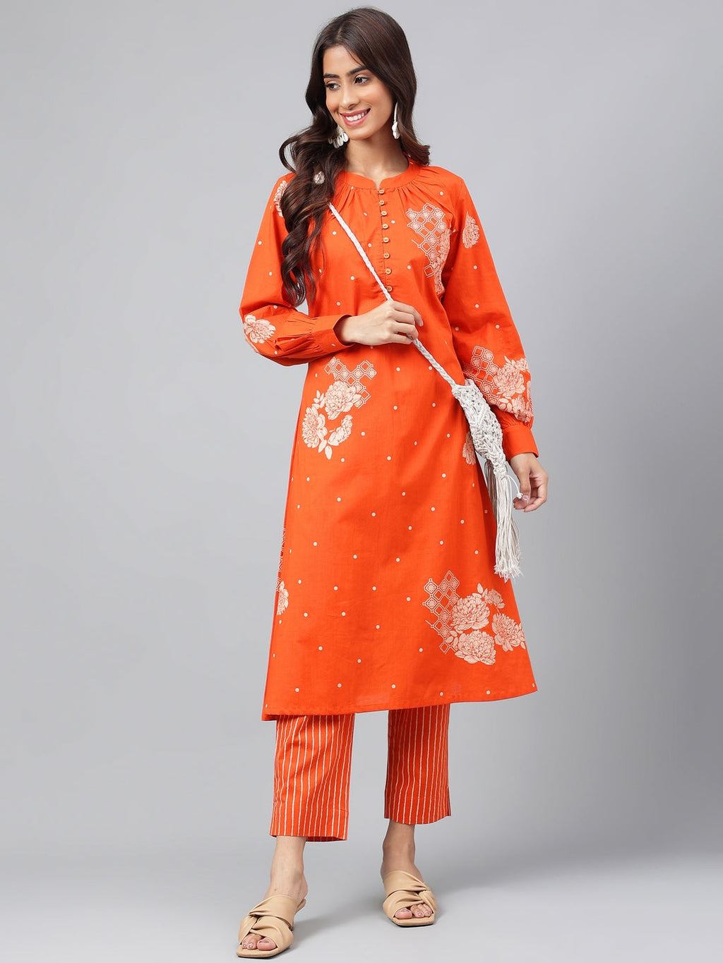 Janasya Women's Orange Cotton Floral Printed A-line Festive Kurta Set | Grocsy