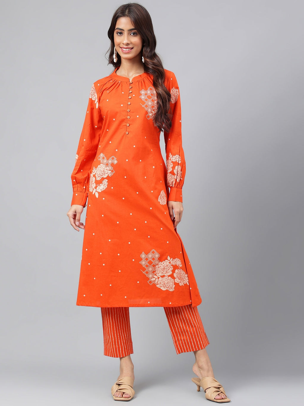 Janasya Women's Orange Cotton Floral Printed A-line Festive Kurta Set | Grocsy