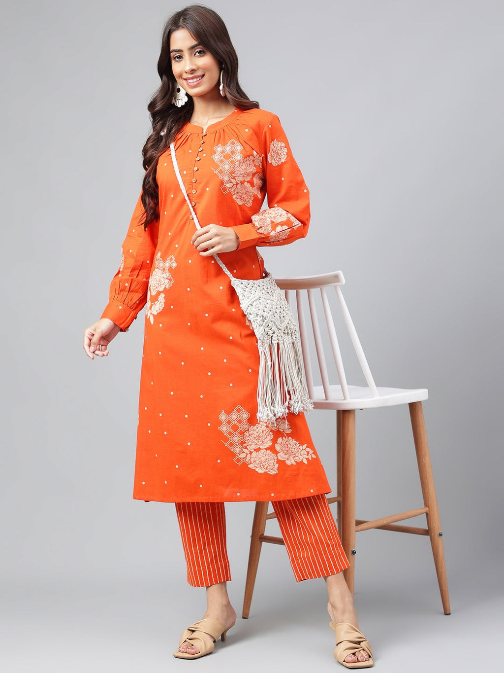 Janasya Women's Orange Cotton Floral Printed A-line Festive Kurta Set | Grocsy