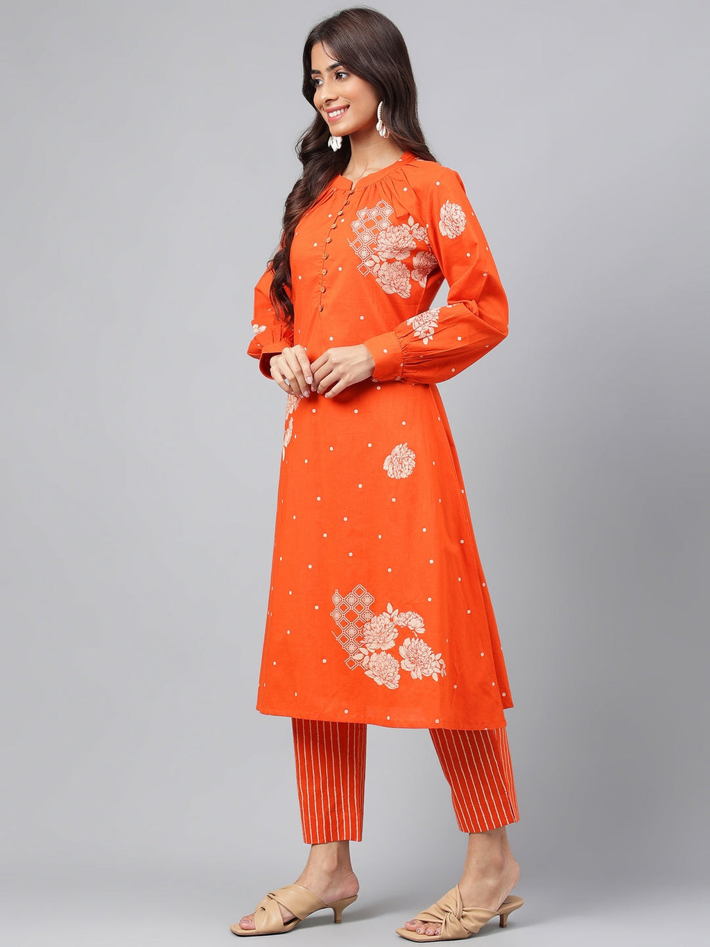 Janasya Women's Orange Cotton Floral Printed A-line Festive Kurta Set | Grocsy