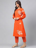 Janasya Women's Orange Cotton Floral Printed A-line Festive Kurta Set | Grocsy