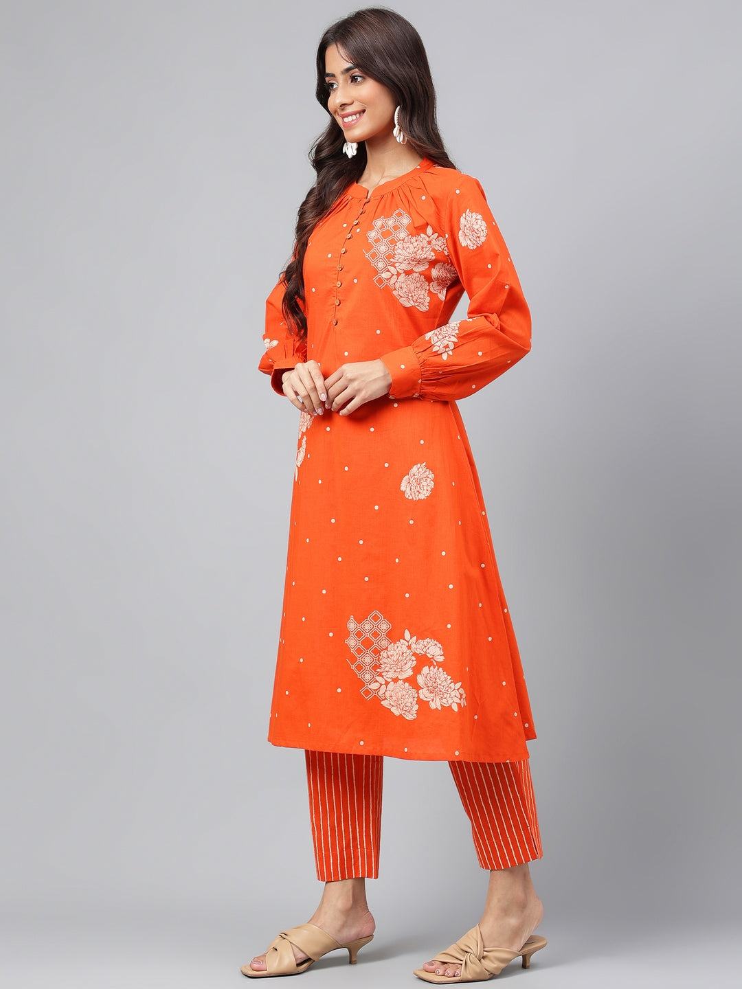 Janasya Women's Orange Cotton Floral Printed A-line Festive Kurta Set | Grocsy