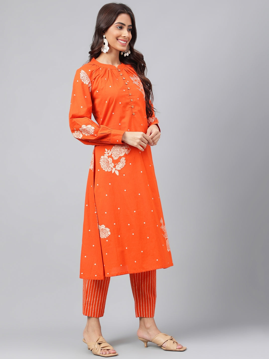 Janasya Women's Orange Cotton Floral Printed A-line Festive Kurta Set | Grocsy
