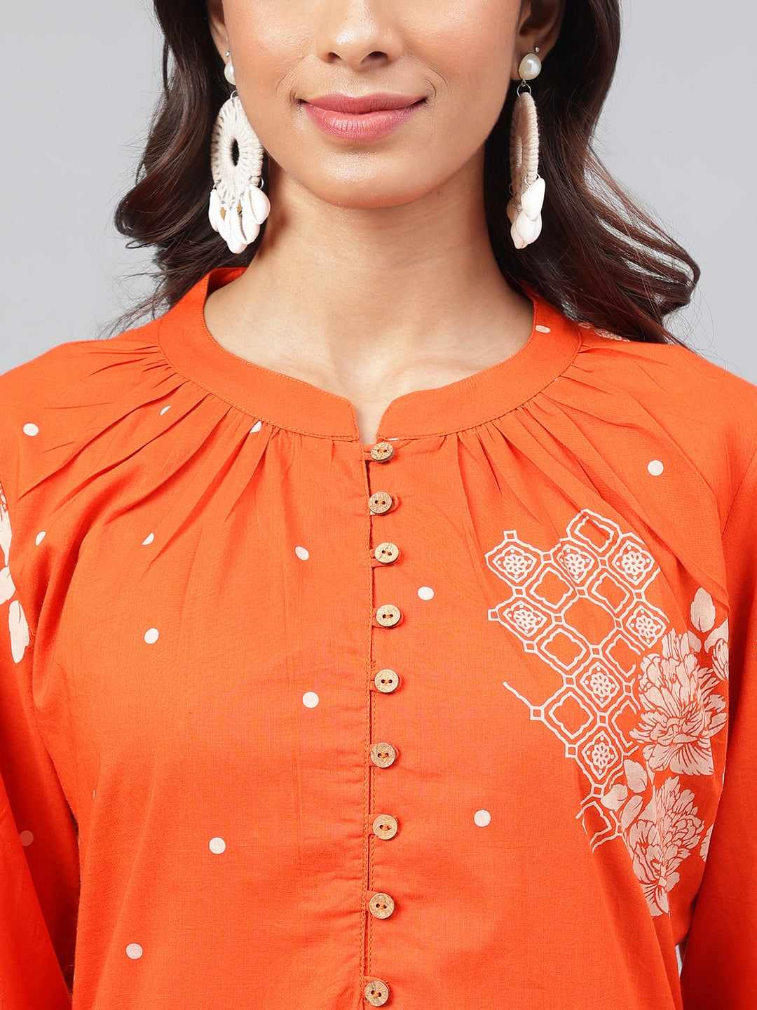 Janasya Women's Orange Cotton Floral Printed A-line Festive Kurta Set | Grocsy