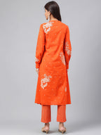 Janasya Women's Orange Cotton Floral Printed A-line Festive Kurta Set | Grocsy