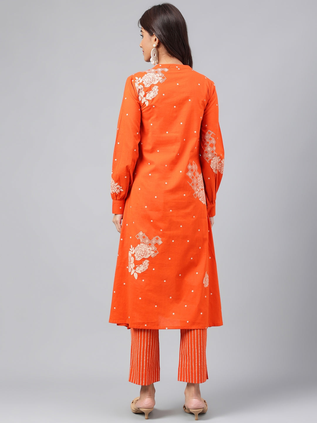 Janasya Women's Orange Cotton Floral Printed A-line Festive Kurta Set | Grocsy