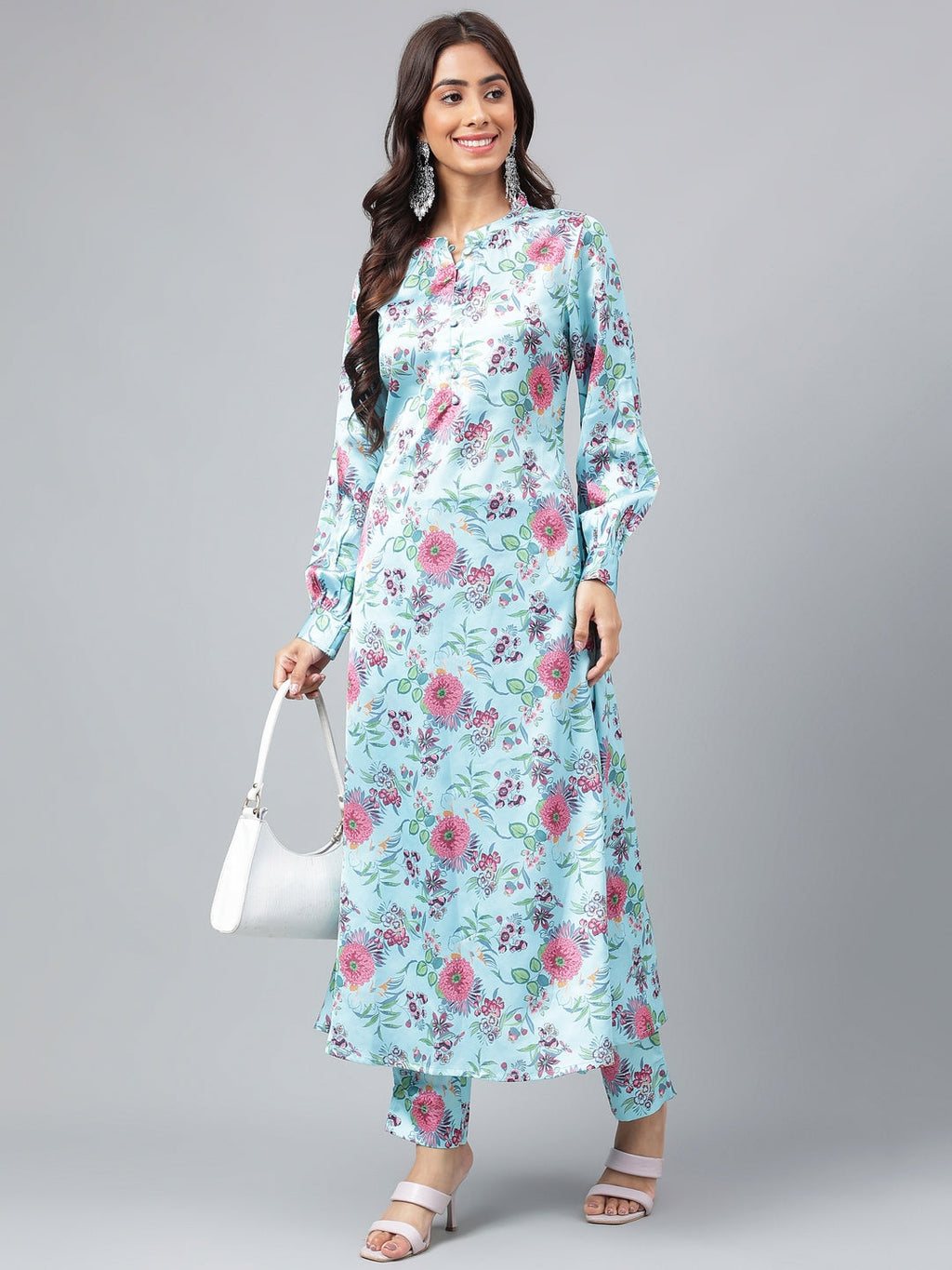 Janasya Women's Aqua Blue Satin Digital Floral Printed Straight Party kurta Set | Grocsy