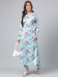 Janasya Women's Aqua Blue Satin Digital Floral Printed Straight Party kurta Set | Grocsy