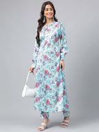 Janasya Women's Aqua Blue Satin Digital Floral Printed Straight Party kurta Set | Grocsy